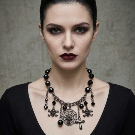Colar Gótico Preto com Caveiras, Teia de Aranha e Cruz - Gargantilha de Cuentas Negras e Pendentes Metálicos Estilo Punk Rock