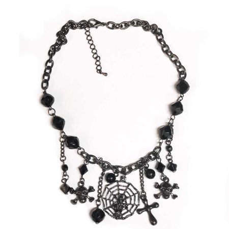 Colar Gótico Preto com Caveiras, Teia de Aranha e Cruz - Gargantilha de Cuentas Negras e Pendentes Metálicos Estilo Punk Rock