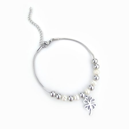 Pulseira aço com perolas e trevo
