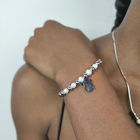 Pulseira gato em aço e pérolas