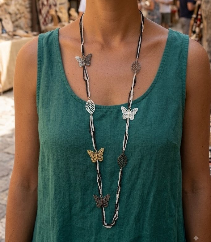 Colar Borboletas e Folhas Trabalhadas Boho (2) Colar Borboletas e Folhas Trabalhadas Boho